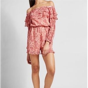 Express Womens Small  Long Sleeve Off Shoulder Ruffle Paisley Romper Coral